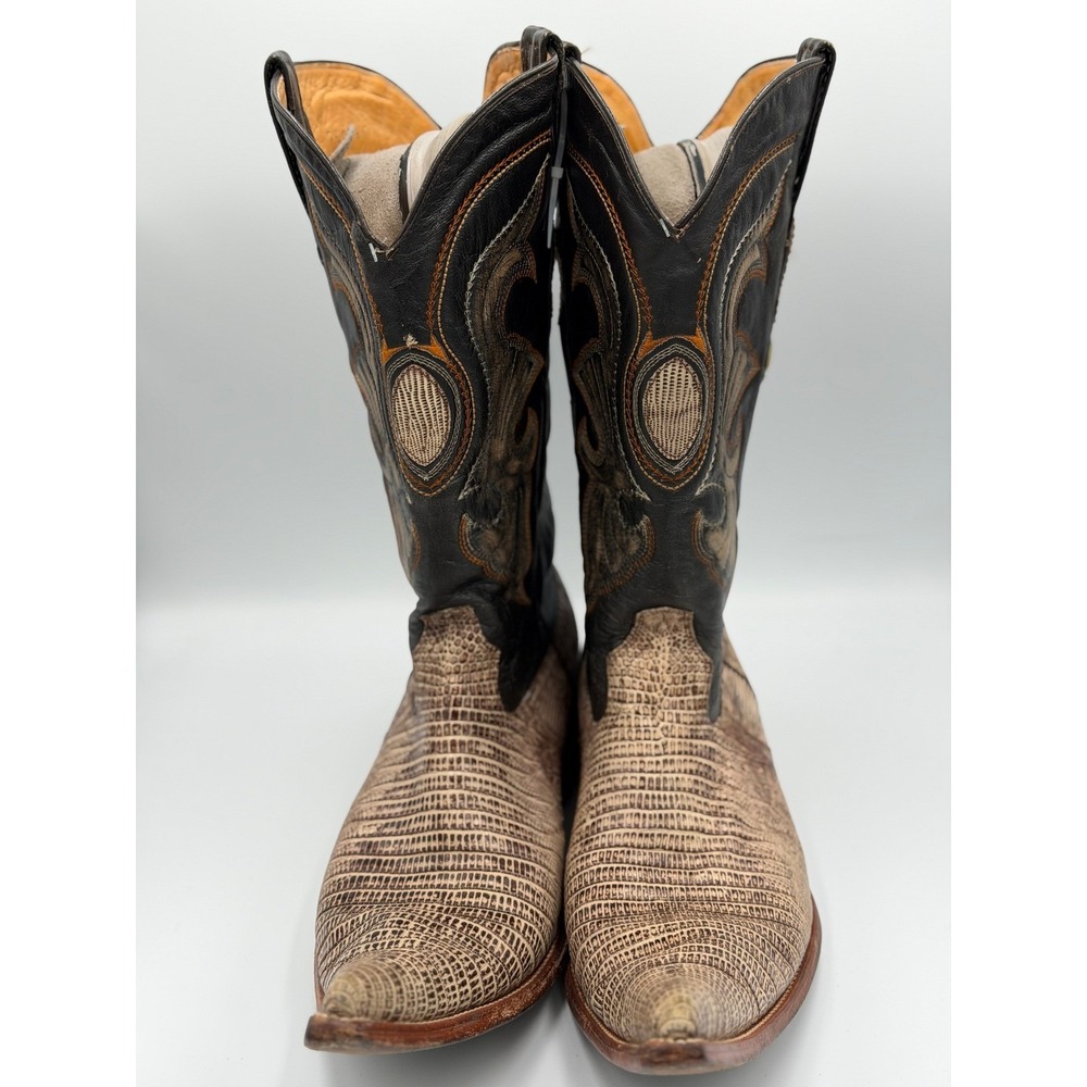 Los Altos Mens Black Tan Western Cowboy Boots Genuine Teju Lizard Snip Toe 12 EE - Picture 3 of 7